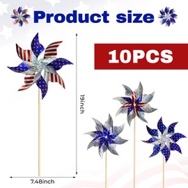 10 Pcs American Flag Patriotic Pinwheels Fourth of July Decor Outdoor, Garden Wind Spinners Patriotic Decor Independence Day Decoration Pinwheels for Yard,Garden,Patio (Glitter Red Blue White)