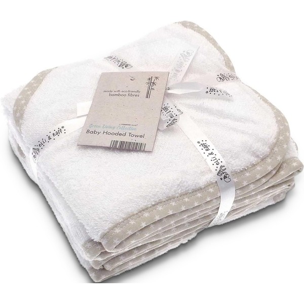 2 Super Soft White eLLi and Raff Baby Hooded Bath Time Towels made from Eco-Friendly Bamboo Fibres