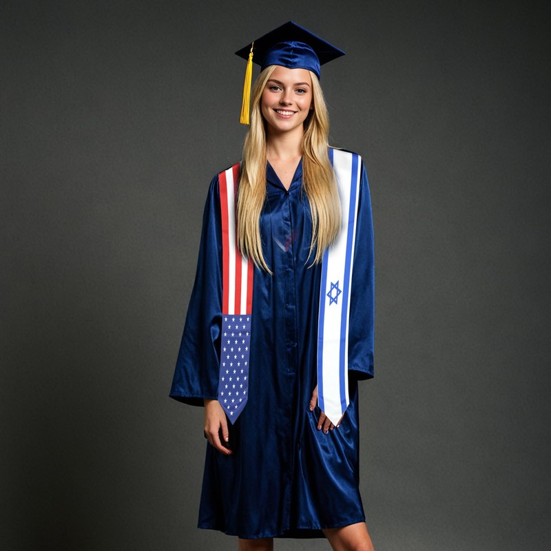 USA And Israel Flag Graduation Stole, Satin Embroidery Graduation Sash