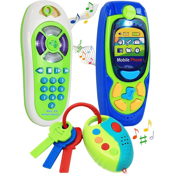 Click N' Play Pretend Play Cell Phone TV Remote & Car Key Accessory Playset for Kids with Lights Music & Sounds (Set of 3)