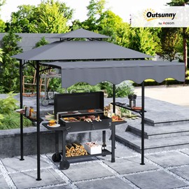 Outsunny 8' x 5' Grill Gazebo, Double Tiered Outdoor BBQ Gazebo with Side Awning, 2 Side Shelves and 6 Hooks for Patio, Deck, Yard, Dark Gray