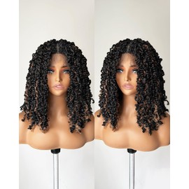 X-TRESS Braided Wigs for Black Women Knotless Short Locs Braided Wigs Embroidered Full Lace Front Wigs Double Lace Front Braided Wigs Bob Short 16" Ombre Chocolate Brown Highlight Color Braided wigs