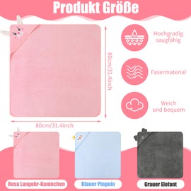Kaisibum Pack of 3 Baby Towel Hood, Hooded Towel Baby, 80 x 80 cm Baby Towel with Hood, Coral Plush Towels, Bath Towel for Baby Bathing, Unisex (Grey Blue Pink)