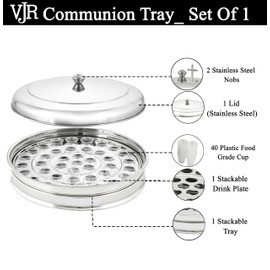 VJR Holy Communion Tray for Churches with Lid, Premium Stainless Steel Silver Polished Communion 40 Cup Wine Serving Ware Set, Includes 40 Reusable Communion Cups, Church Communion Tray, Pack of 1