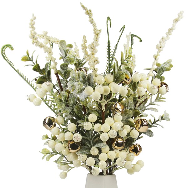 Tinsow 5 Pcs Artificial Berry Stems for Flower Arrangement- Christmas White Holly Berry with Eucalyptus Branches for Wedding Bouquet Holiday Home Decor and Crafts (White, 5)