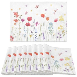 Placemats Set of 8, Spring Summer Floral Non Slip Heat Resistant Linen Fabric Cotton Cloth Place Mats, White Square Washable Holiday Party Dining Table Mat for Rustic Farmhouse Home Kitchen Decor