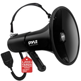 Pyle 100-Watt Square Megaphone Bullhorn, Lightweight and Portable Loudspeaker Horn with Aux (3.5mm) Input for MP3/Music, Automatic Siren, Whistle, MIC/Talk (Black), 1500 Square Yards Projection Range