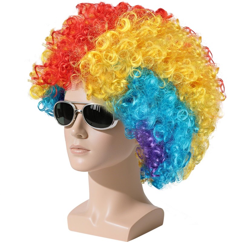 BSBUY Afro Wig Men's Curly Wig Disco Clown Wig Rainbow