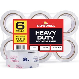 TAPEWELL Clear Packing Tape, 1.88 Inches x 54.6 Yards, Heavy Duty Tape with 3'' Core, Pack of 6