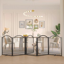 BHG Metal No-Assembly Freestanding Dog Gate with Door Walk Through, Extra Wide 120", Extra Tall 32" Pet Gate, Accordion Puppy Folding Playpen Dog Fence, with 2PCS Support (Black, 5 Panels)