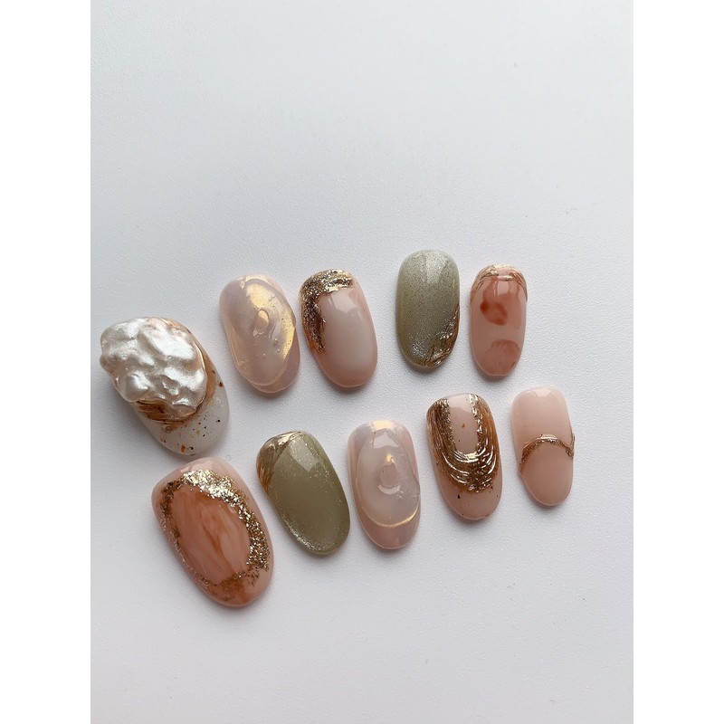 Nail Tips Handmade 10 Pieces Oval Long Japanese Style 3D