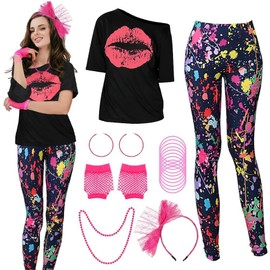 Disfraz de los años 80 para mujer – Conjunto 18 piezas rosa brillante