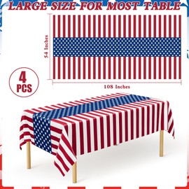 QZYL 4 Pack 4th of July Tablecloths, 54" x 108" Patriotic Plastic Table Cover, Rectangle Red White and Blue Tablecloth American Tablecover, Fourth of July Decorations Memorial Day Party Supplies