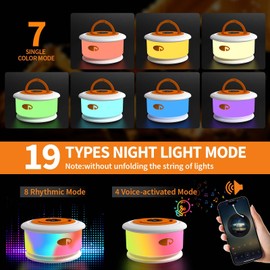 TOHETO Camping String Lights, 3 in 1 Upgraded Retractable RGB Outdoor String Lights with 19 Lighting Modes,Quick 30s Recovery, 32.8 FT Portable Tent Lights, Rechargeable Camping Lantern (White&Orange)