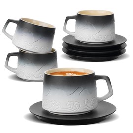BOILMERIT 8 oz Cappuccino Cups Set of 4 with Saucers, Embossment Ceramic Latte Art Cappuccino Mugs for Cafe Mocha, Hand Sprayed Gradient Cappuccino Cups for Cafe Au Lait, Black Tea Coffee Lover Gifts