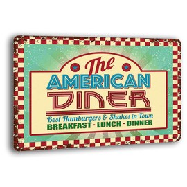 BAYABU The American Diner. Roadside Cafe, 50's, 60's Dinner Sign Retro Metal Sign Bar Wall Decor Retro Metal Sign 8 x 12 inches