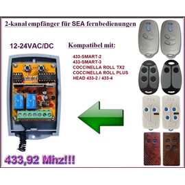 SEA Compatible Wireless Receiver 2-Channel Receiver for Head 433 / Coccinella Roll / 433 Smart Remote Controls 12-24 VAC/DC, NO/NC 433.92MHz Rolling/Fixed Code