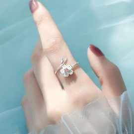 CZ Flower Open Ring for Women Girls Silver Plated Pink Purple Crystal Cute Sweet Flower Promise Statement Adjustable Cherry Blossom Leaf Finger Ring Birthday Wedding Chic Jewelry Anniversary (Pink CZ)