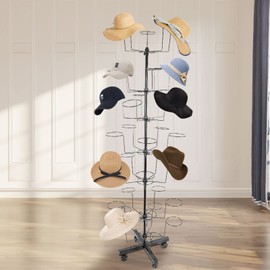 TFCFL Modern Hat Rack Stand 7 Tier Large Freestanding Hat Display Rack Rotating Wigs Display Stand Movable Hat Retail Display Rack with 35 Hooks for Commercial and Home Hat Wig Storage(Black)