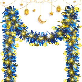 Kingdder 16.4 ft Eid Mubarak Decorations Garland Ramadan Metallic Garland with 50 LED Lights Hanging Star Crescent Moon Garland with Light Foil Tinsel Garland for Ramadan Party Decor