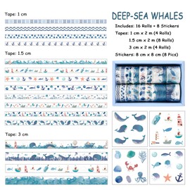 KICAS 3 Packs 48 Rolls Theme Washi Tape with 24 Pics Stickers Set Masking Decorative Tapes for Arts, DIY Crafts, Planners, Scrapbooking, Wrapping