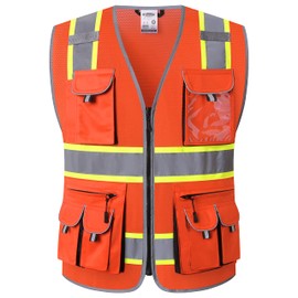 JKSafety 10 Pockets Hi-Vis Neon Color Frontal Zipper Mesh Safety Vest for Men Women Safety Utility for works Comply to ANSI/ISEA Class 2 (86-Orange XXL)