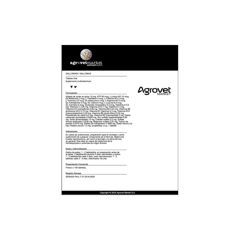 Suplemento Multivitaminico Para Gallo De Pelea Y Ave 100 Tab