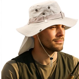 Men Women UPF 50+ Sun Protection Boonie Bucket Hat – Wide Brim Fishing Hat with Neck Flap (US, Alpha, One Size, Beige)
