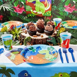 Juvale 144 Piece Kids Dinosaur Birthday Party Supplies with Plates, Knives, Spoons, Forks, Cups, and Napkins (Serves 24) - Dinosaur Birthday Decorations