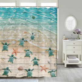 Sea Turtle Shower Curtain Kids, Turtles and Starfish at Ocean Sandy Beach on Rustic Vintage Teal Wood Board Farmhouse Shower Curtain for Bathrrom, Sea Creatures Nautical Life Bath Curtain, 60"X70"