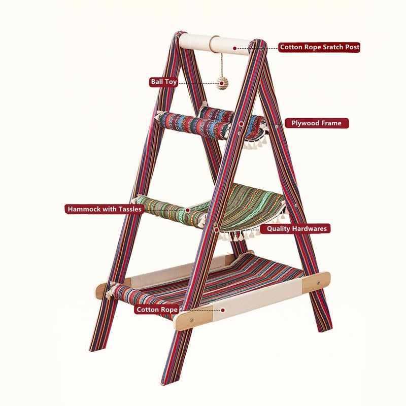 SHENGOCASE 3-Tier Modern Boho Style A Frame Wooden Cat Tree