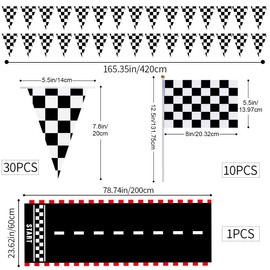 Racing Party Decoration Supplies Black and White Flags 32.8 Feet 10 Pcs Checkered Racing Small Flags on Stick 6.6 x 1.96ft Long Racetrack Floor Running Mat Checkered Bunting Party Decoration