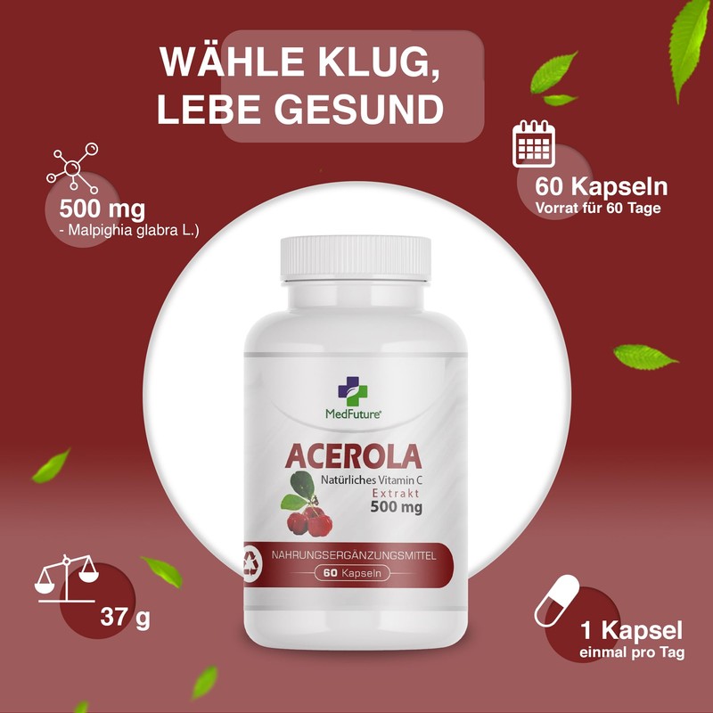 Acerola Extract 500 mg 60 Capsules - Pure Natural Vitamin