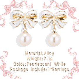 GAUEIOUR Bow Shaped Pearl Earrings,Fashionable and Versatile Luxurious, Exquisite Ear Clips,Sweet Cute Gentle Alloy Earrings (Pearlescent White)