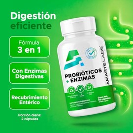 AMARTE LABS Probióticos  Enzimas, 25 mil millones UFC, 60 Cápsulas  Fórmula 3 en 1  Cápsula entérica  8 cepas  Con prebiótico                         