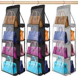 LAEYI 3 Pcs Foldable Hanging Purse Organizer with 8 Pockets and Metal Hooks - Dust Proof - 41L x 13.5W (2 Black, 1 Gray)