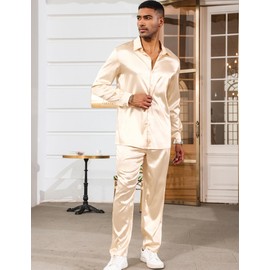 LecGee Mens 2 Piece Silk Satin Pajamas Long Lounge Sets Button Down Shirts & Pants Pjs Sweatsuits Outfits(Champagne,XL)