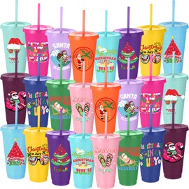 CHENGU 24 Pcs Christmas in July Plastic Cups 24 oz Glitter Reusable July Christmas Cups with Lids and Straws Plastic Drinking Tumbler for Summer Xmas Holiday Party Gift Supplies