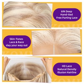 KOME Blonde Synthetic Lace Front Wig, Shoulder Length 13x6 HD Lace Layered Straight Glueless Wigs for Women Daily Use 16IN