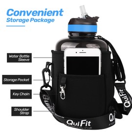 QuiFit 3.78/2.2 Litre Motivational Water Bottle - with Straw & Time Marker,Wide Mouth,BPA Free,Reusable,Ideal for Gym,Outdoor Sport,Home & Office (Black with Sleeve, 2.2 Liter)