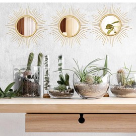 Cityelf 3 Set Gold Sunburst Mirrors for Wall Decorative Metal Mirrors Small Mirror Sets Hanging Mirror Wall Sculpture for Bedroom Living Room Entryway