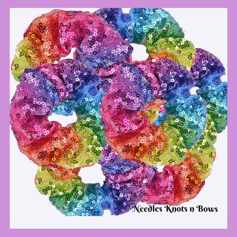 Needles Knots n Bows Rainbow Sequin Scrunchie, Boutique Hair Accessories,