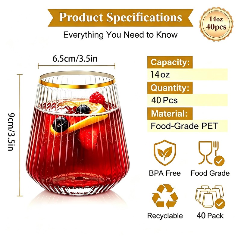 JoyGletss 40 Pack Plastic Stemless Wine Glasses Ribbed with Gold