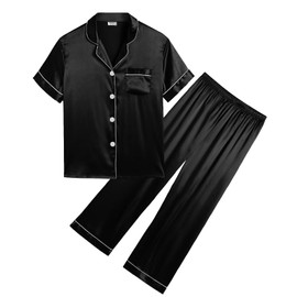SWOMOG Girls Boys Silk Satin Pyjamas Set Button-Down PJs Two-Piece Lounge Sets Short Sleeve Sleepwear with Long Pants