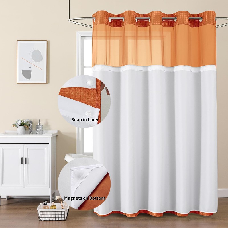 No Hook Shower Curtain with Snap in Fabric Liner, Waffle