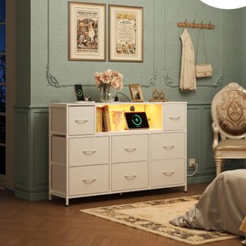 WLIVE White Dresser for Bedroom, TV Stand for Bedroom for 50, 55 inch TV with Charging Station and LED Lights, Fabric Chest of Drawers with Open Shelves, 8 Drawer Dressers for Living Room, Closet