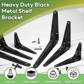 PHITUODA 24 Pack Shelf Brackets 6 x 5 Inch, Heavy Duty Black Metal Floating Shelf Bracket, L Bracket Corner Brace Support J Bracket, Decorative Joint Angle Bracket for Hanging