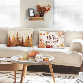 Bonhause Autumn Cushion Covers 30 x 50 cm Fall Leaves Trees Forest Polyester Linen Decorative Throw Pillow Covers for Sofa Bed Home Outdoor Decor Set of 2