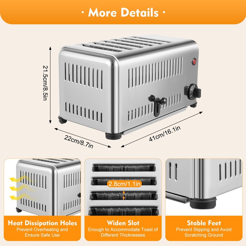 Commercial Pop-Up Electric Toaster 6 Slice Long Extra-Wide Slots with