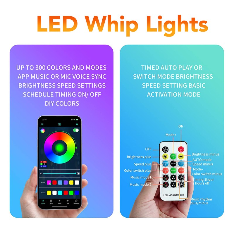 1ft LED Whip Lights 12‑24V 20 Colors IP67 Waterproof Overload